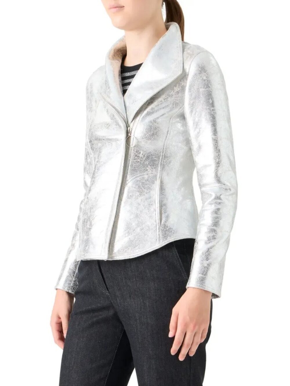VTG Randolph Luke The Look Silver Metalic Moto Leather Jacket Women Size 8